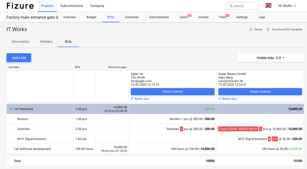 Planyard construction bidding software bids evaluation table