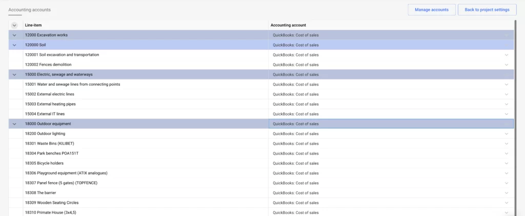 Assigning your QuickBooks chart of accounts to Planyard line items