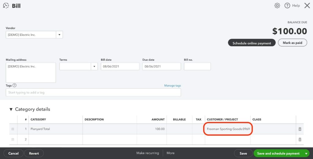 Adding a project to a QuickBooks Online bill to track its profitability