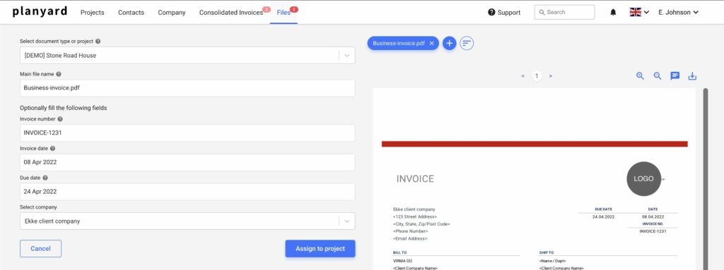 Screenshot of an invoice file where all of the information was detected by the Planyard OCR system