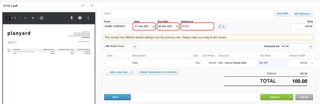 Additional data that gets sent to Xero together with a bill
