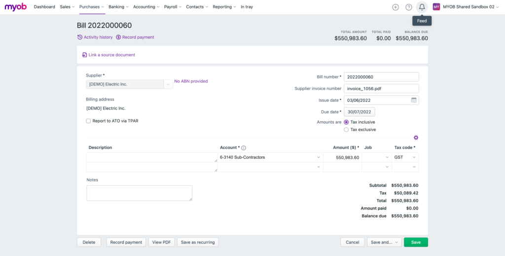 Construction bill sent to MYOB from the Planyard construction software