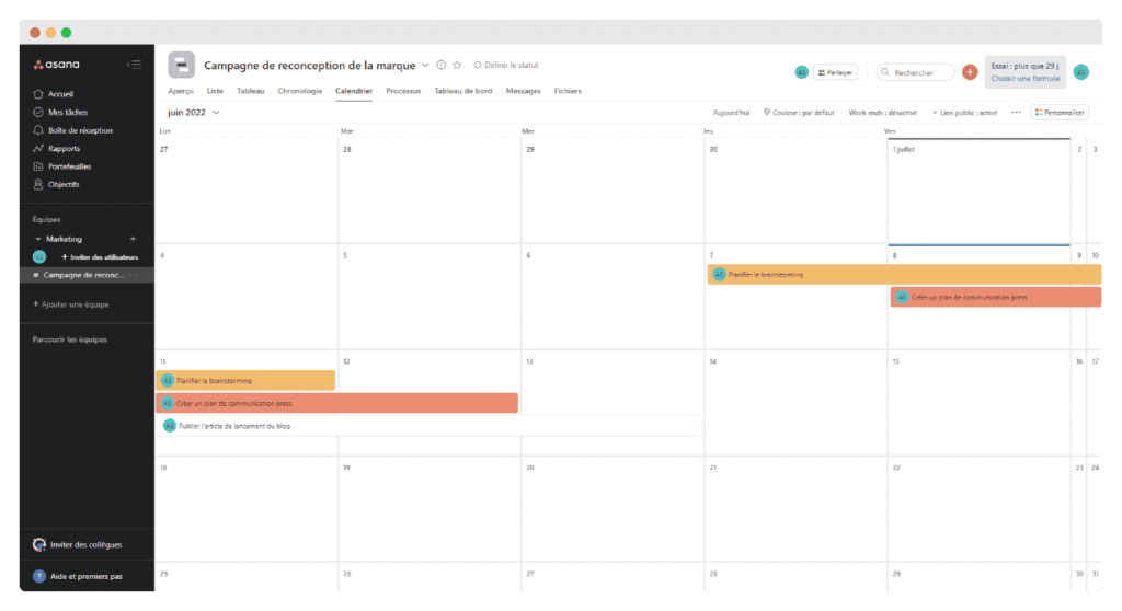 Asana project management software calendar view