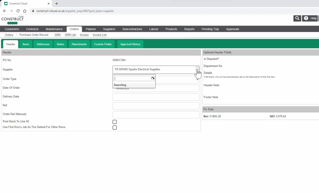 Creating a purchase order on Eque2 Construction Cloud