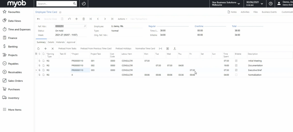 Creating a time-card on MYOB for labor cost control