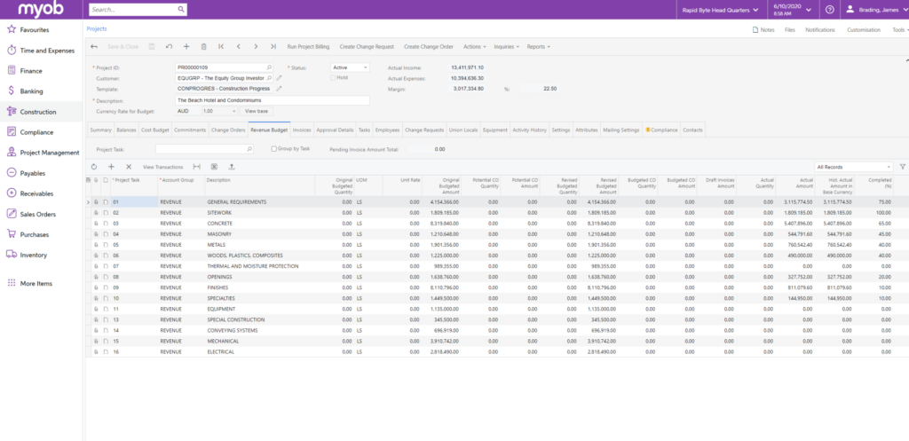 MYOB construction project budget and revised budget