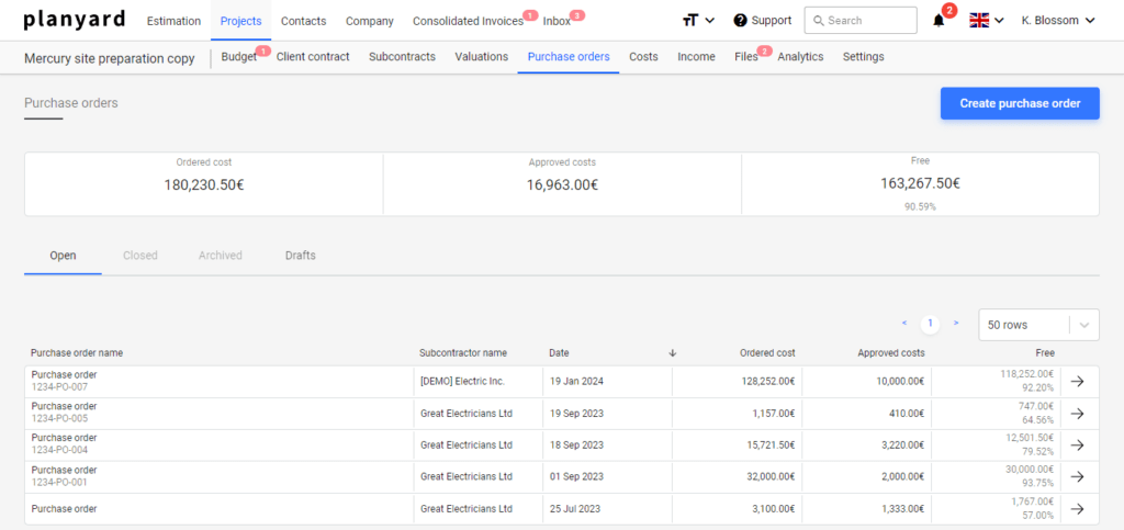 Planyard construction cost control software dashboard