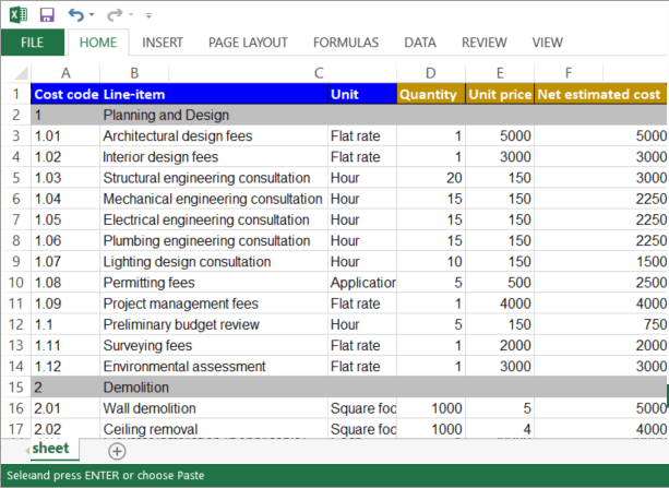 Project budget spreadsheet ready for uploading on Planyard