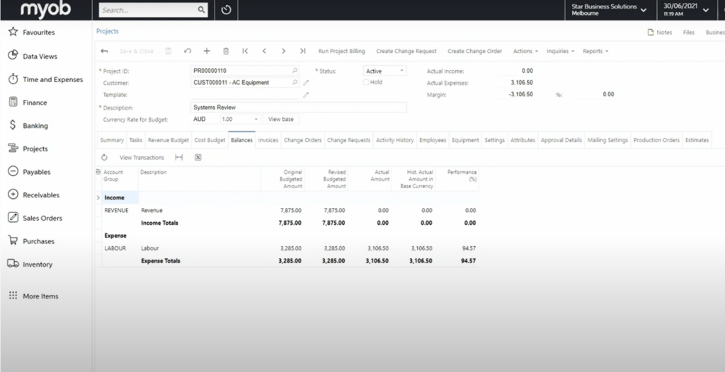 Project financial report on MYOB