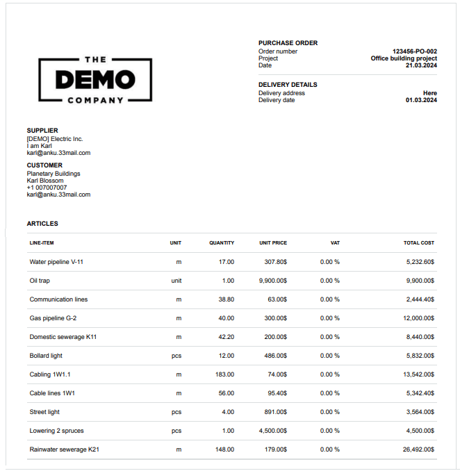 Project purchase order example pdf file with the purchase order number and ordered items and quantities