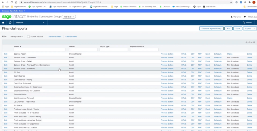 Sage Intacct financial report for efficient construction cost control