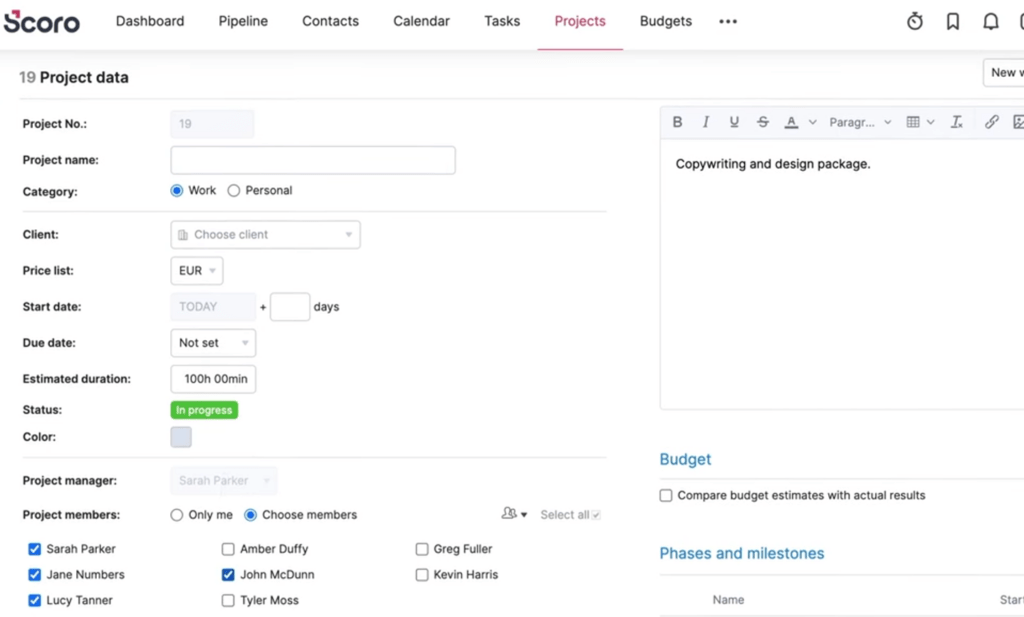 Scoro dashboard overview