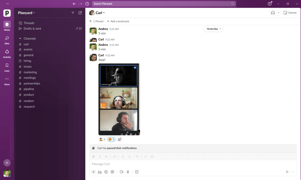 Slack dashboard for team communication