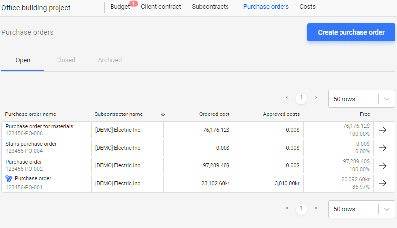 The list of all open purchase orders with the order payment summaries and how much is remaining to be paid