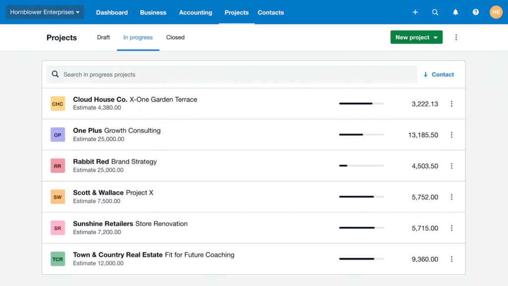 Xero projects dashboard